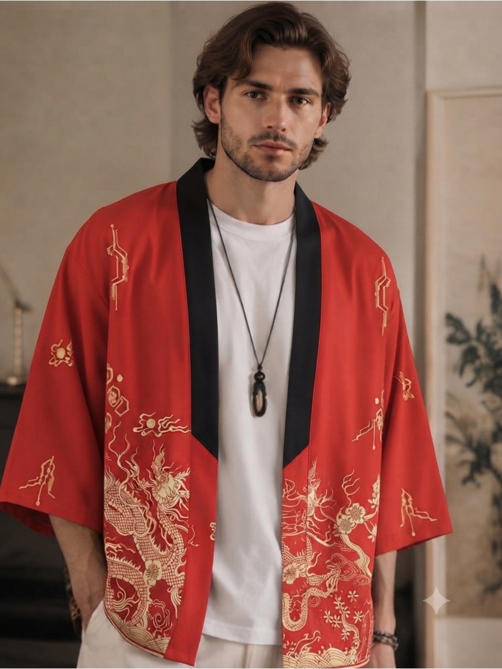 Men's Red Dragon Print Kimono Jacket with Black Trim M